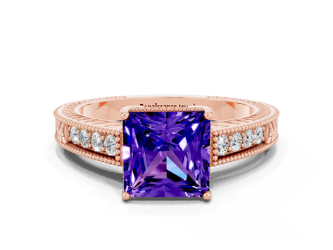 Rose gold Princess Cut Tanzanite Ring with Milgrain Pavé Band and Four-Prong Setting_12