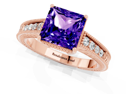 Rose gold Princess Cut Tanzanite Ring with Milgrain Pavé Band and Four-Prong Setting_13