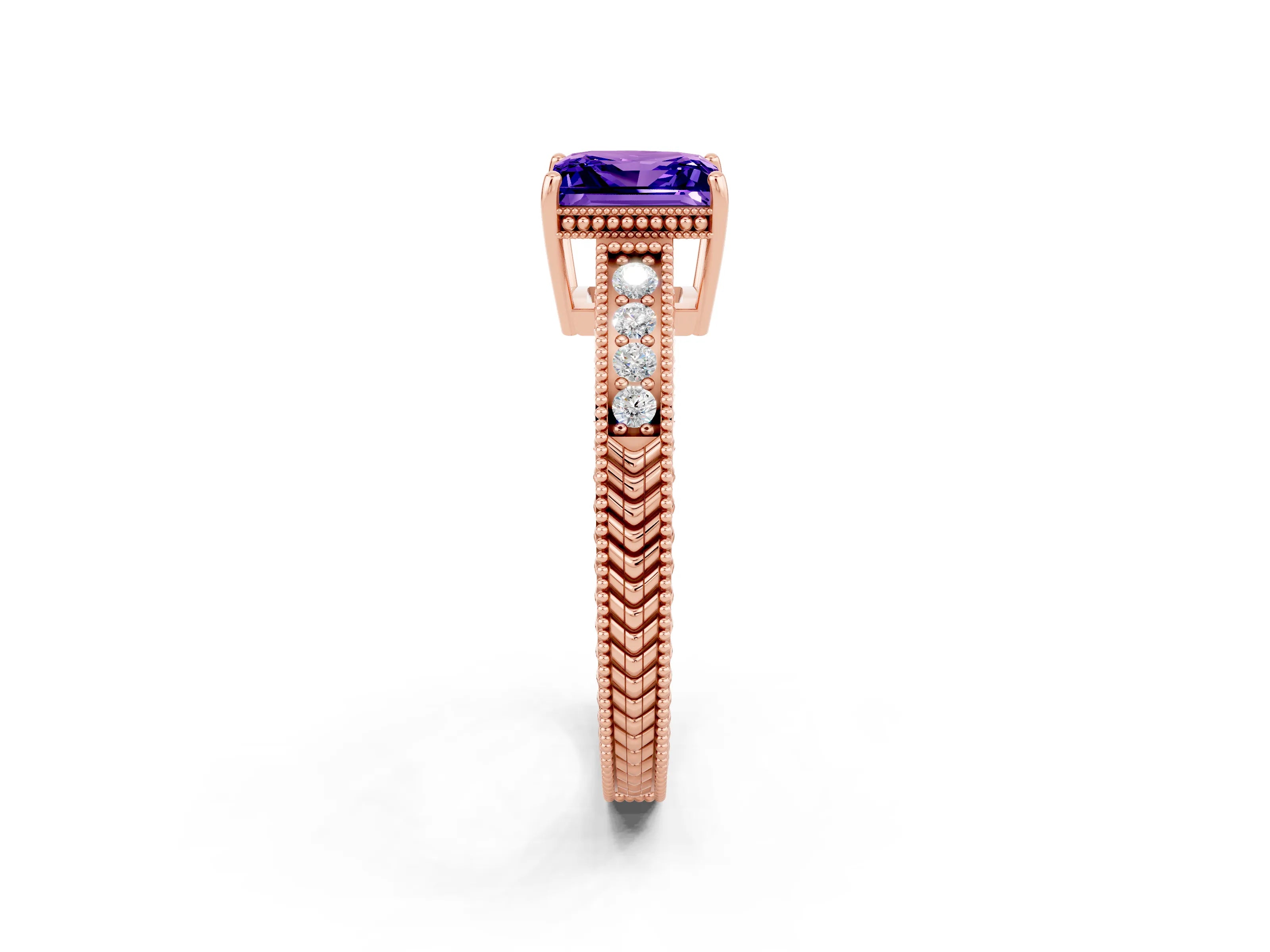 Rose gold Princess Cut Tanzanite Ring with Milgrain Pavé Band and Four-Prong Setting_14