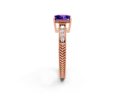 Rose gold Princess Cut Tanzanite Ring with Milgrain Pavé Band and Four-Prong Setting_14