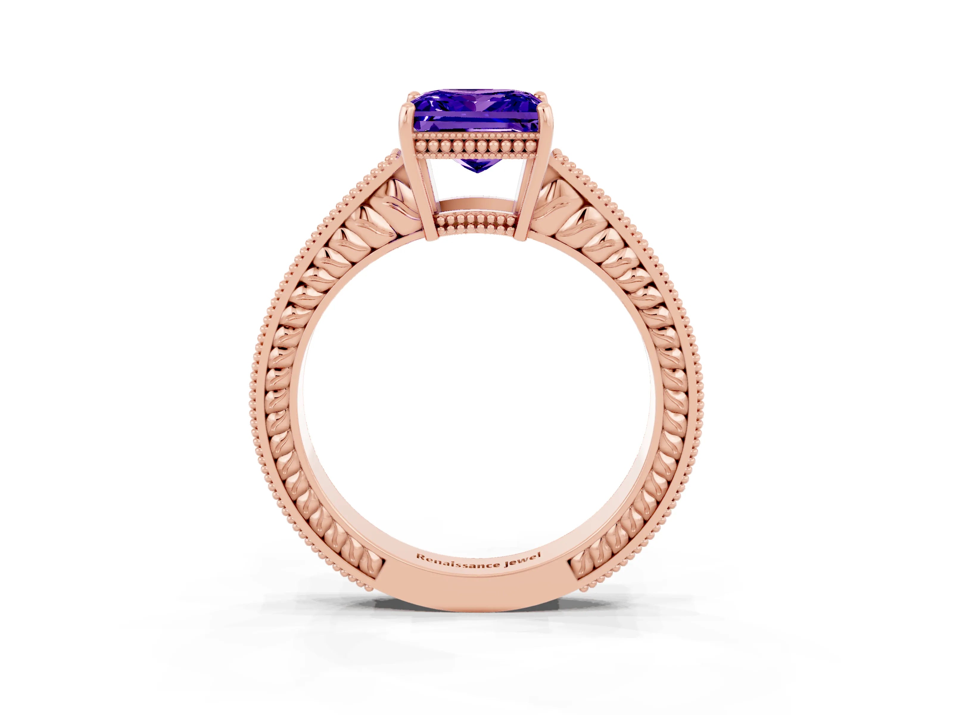 Rose gold Princess Cut Tanzanite Ring with Milgrain Pavé Band and Four-Prong Setting_15