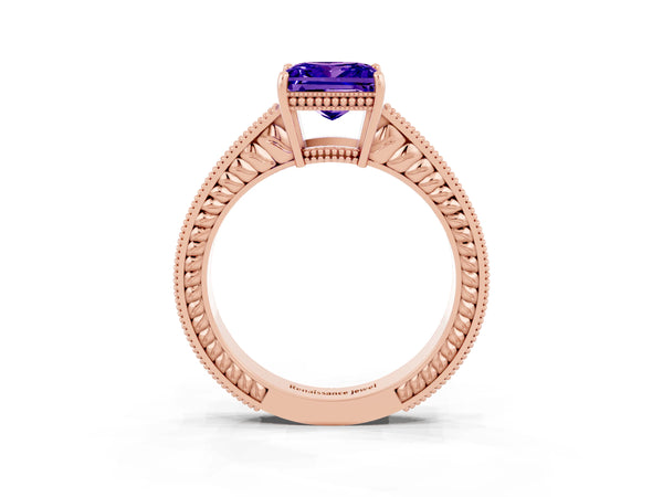 Rose gold Princess Cut Tanzanite Ring with Milgrain Pavé Band and Four-Prong Setting