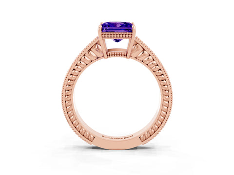 Rose gold Princess Cut Tanzanite Ring with Milgrain Pavé Band and Four-Prong Setting_15