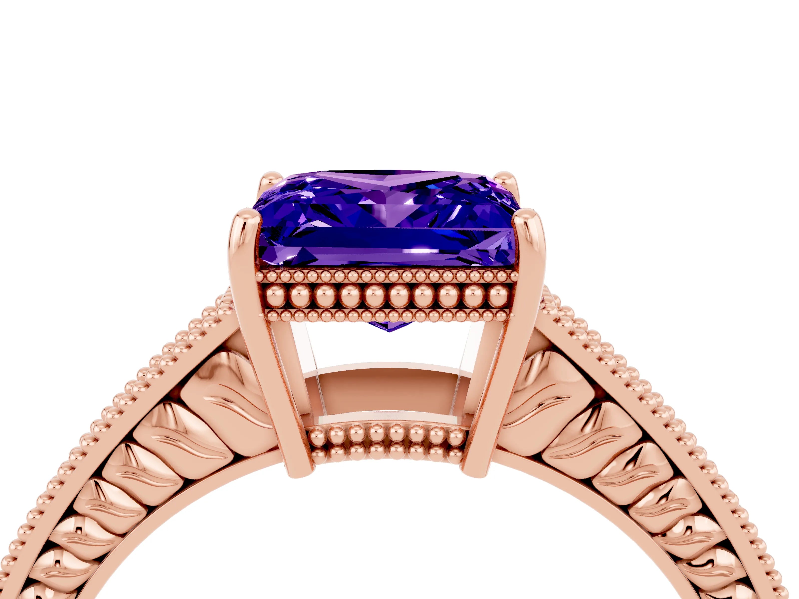 Rose gold Princess Cut Tanzanite Ring with Milgrain Pavé Band and Four-Prong Setting_16