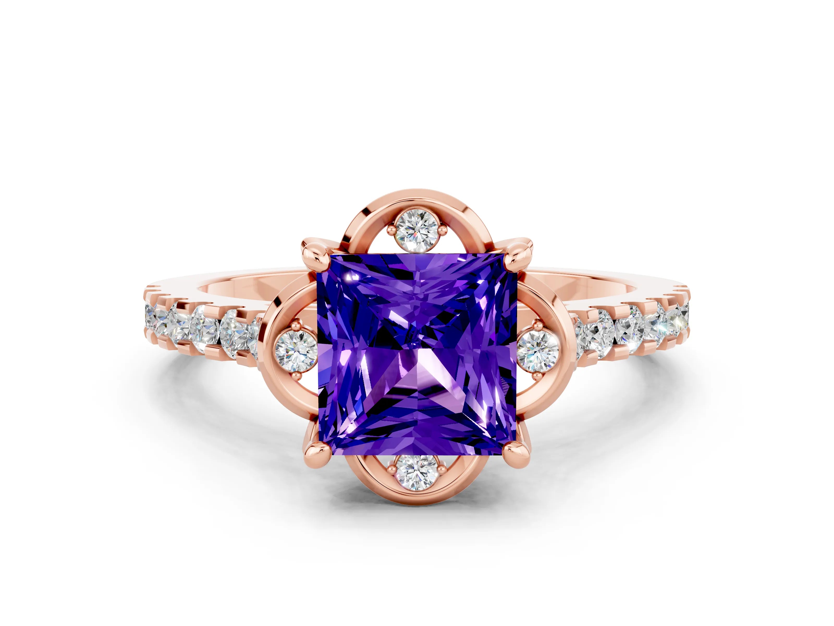Rose gold Princess Cut Tanzanite Ring with Pavé Band and Floral Prong Setting