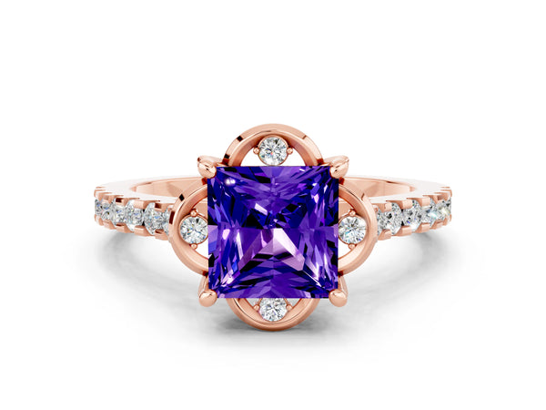Rose gold Princess Cut Tanzanite Ring with Pavé Band and Floral Prong Setting