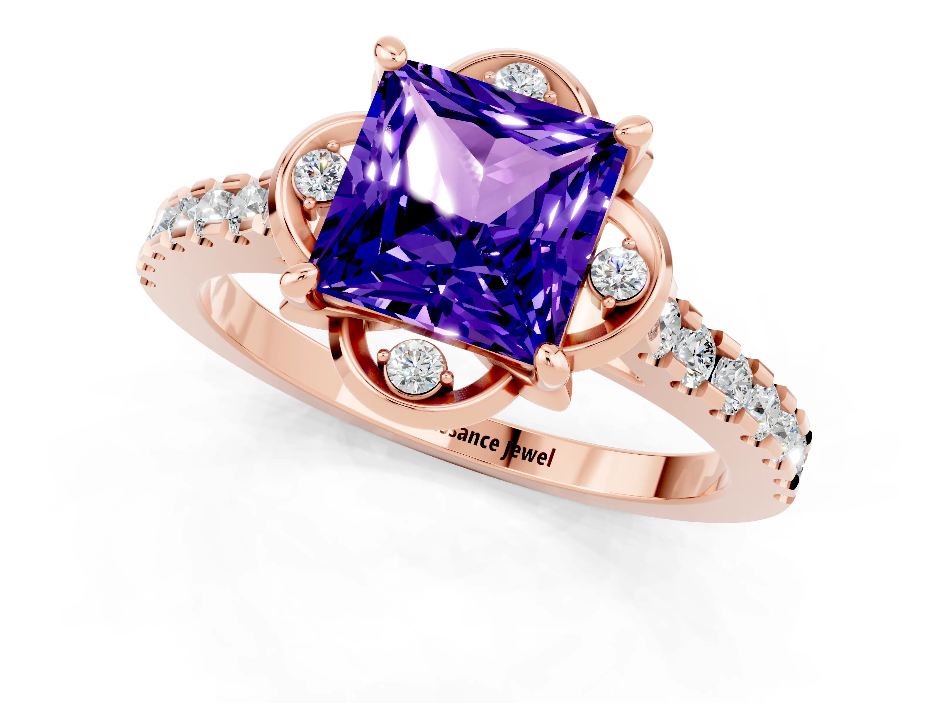 Rose gold Princess Cut Tanzanite Ring with Pavé Band and Floral Prong Setting_1