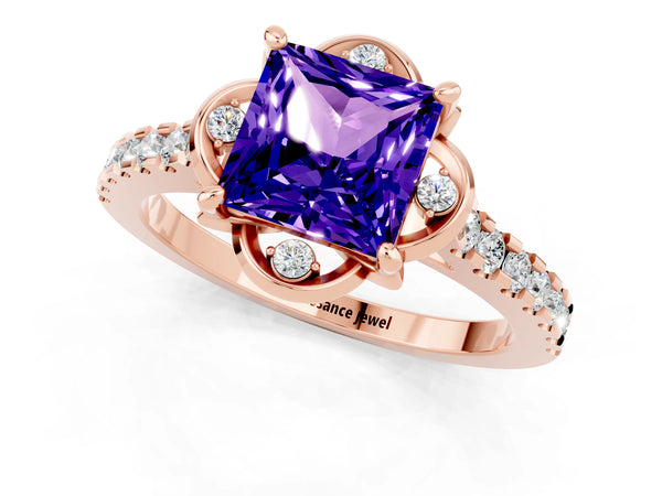 Rose gold Princess Cut Tanzanite Ring with Pavé Band and Floral Prong Setting