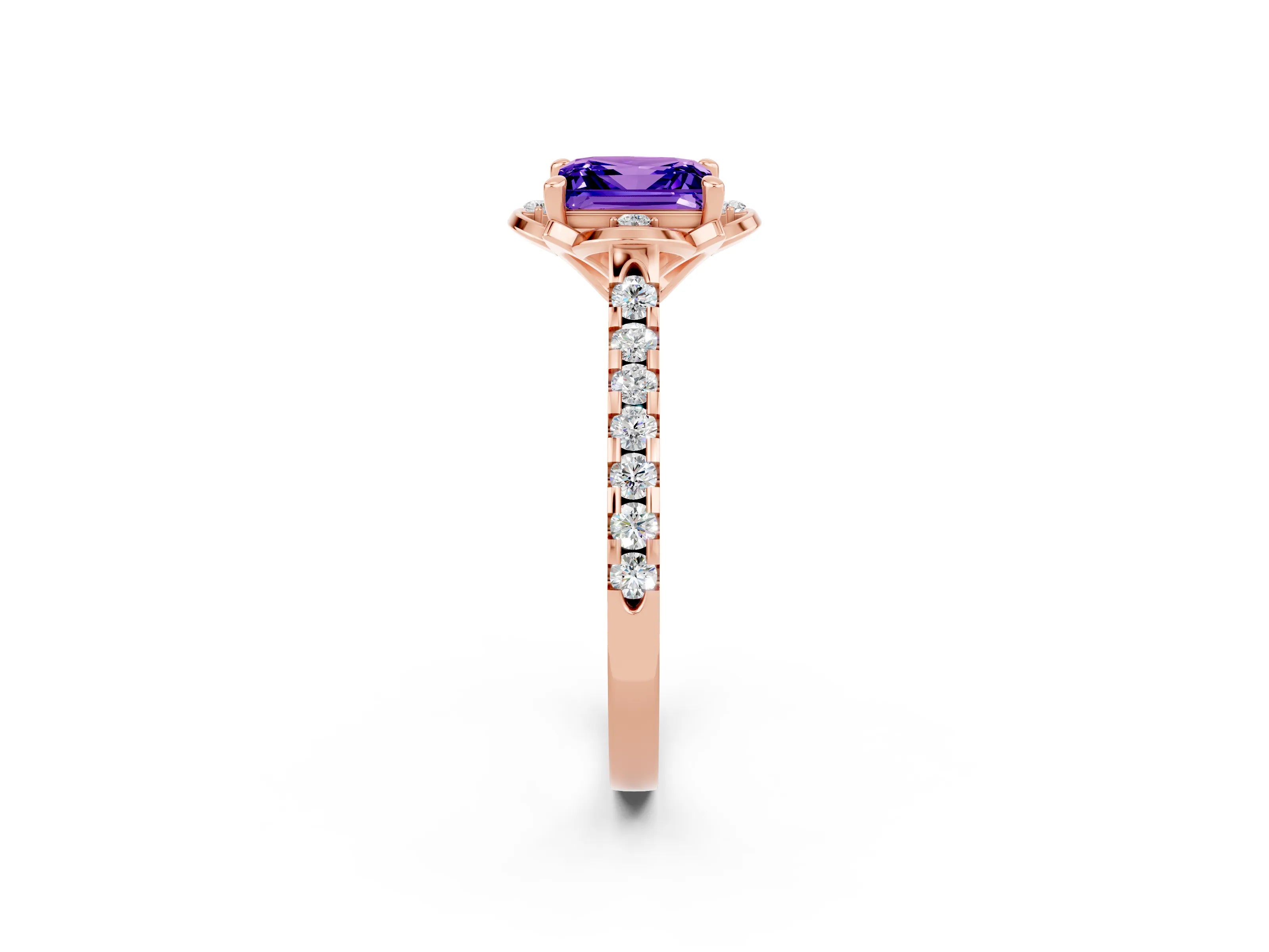 Rose gold Princess Cut Tanzanite Ring with Pavé Band and Floral Prong Setting_2