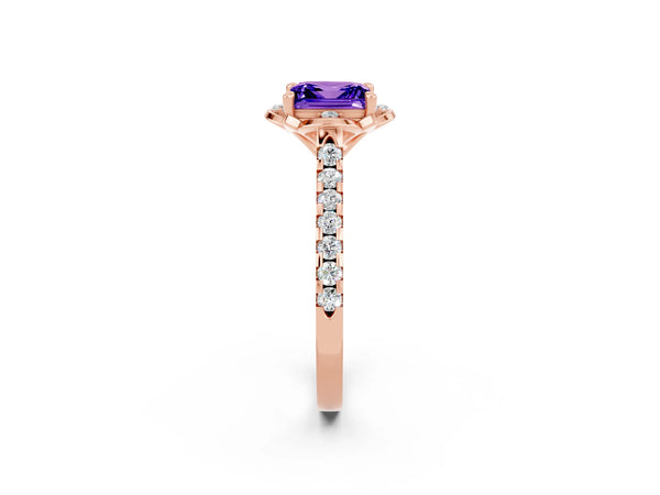 Rose gold Princess Cut Tanzanite Ring with Pavé Band and Floral Prong Setting