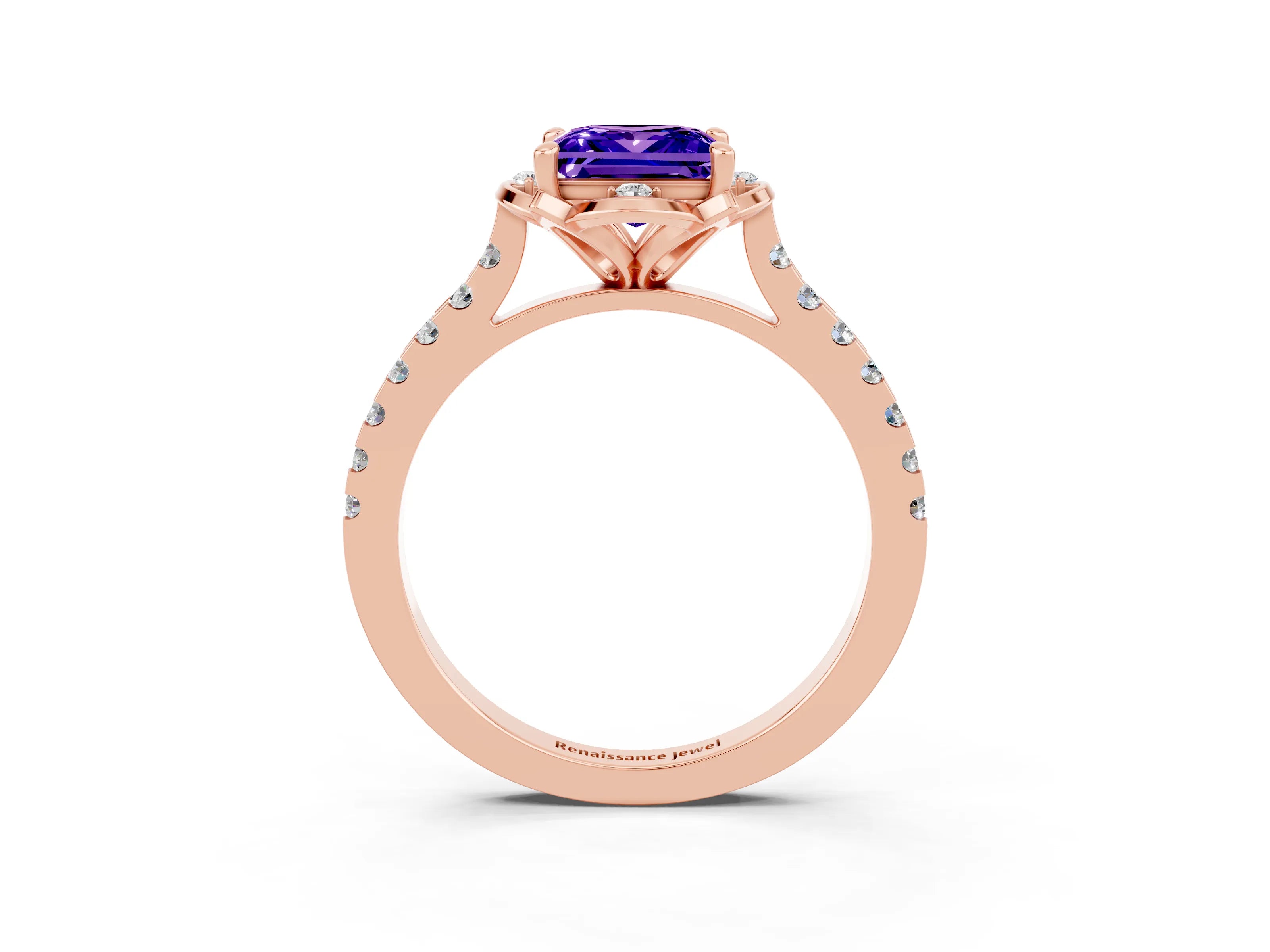 Rose gold Princess Cut Tanzanite Ring with Pavé Band and Floral Prong Setting_3