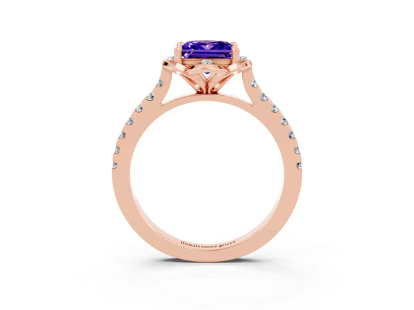 Rose gold Princess Cut Tanzanite Ring with Pavé Band and Floral Prong Setting
