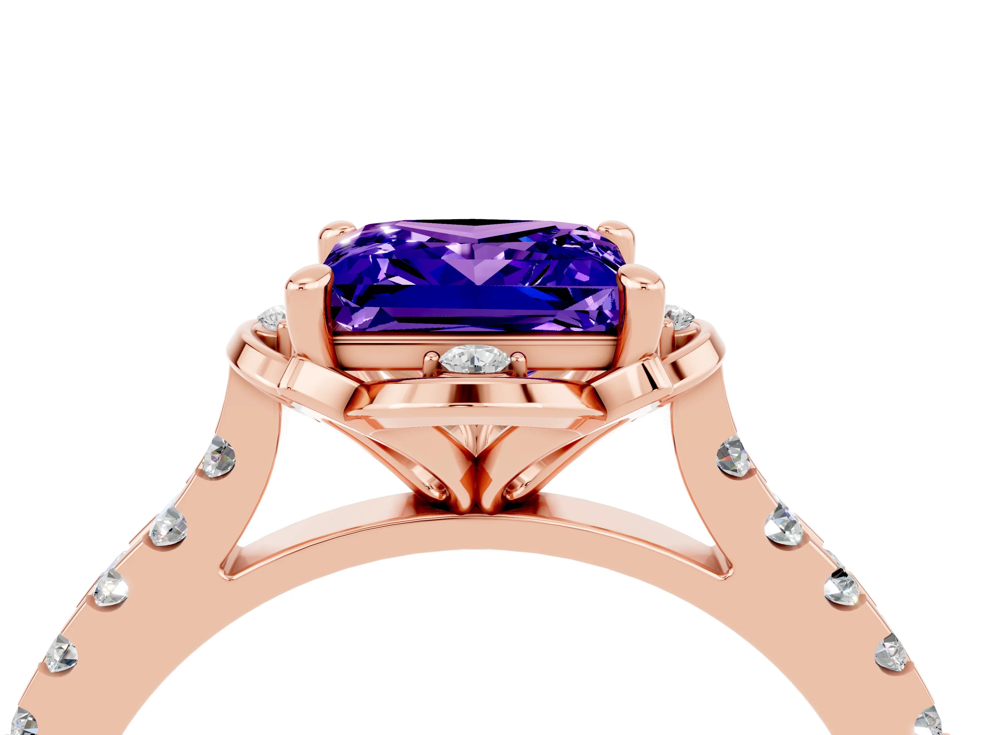 Rose gold Princess Cut Tanzanite Ring with Pavé Band and Floral Prong Setting_4