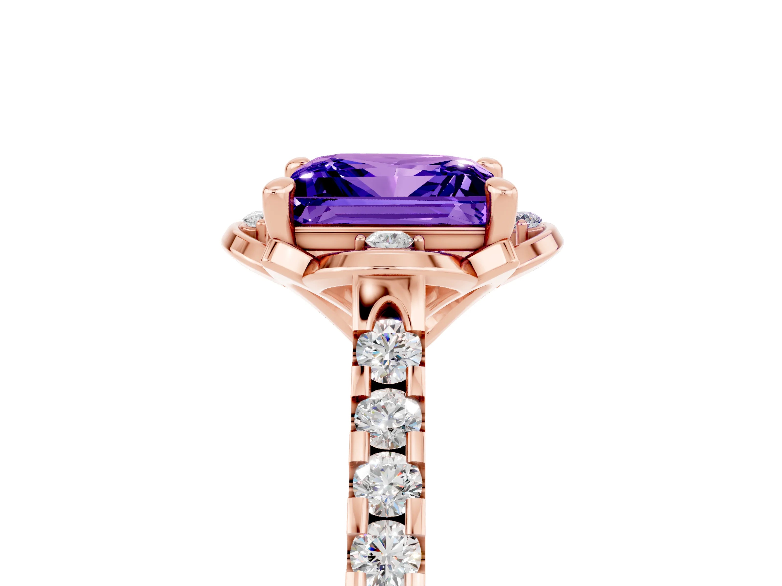 Rose gold Princess Cut Tanzanite Ring with Pavé Band and Floral Prong Setting_5