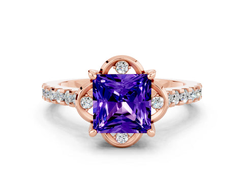 Rose gold Princess Cut Tanzanite Ring with Pavé Band and Floral Prong Setting