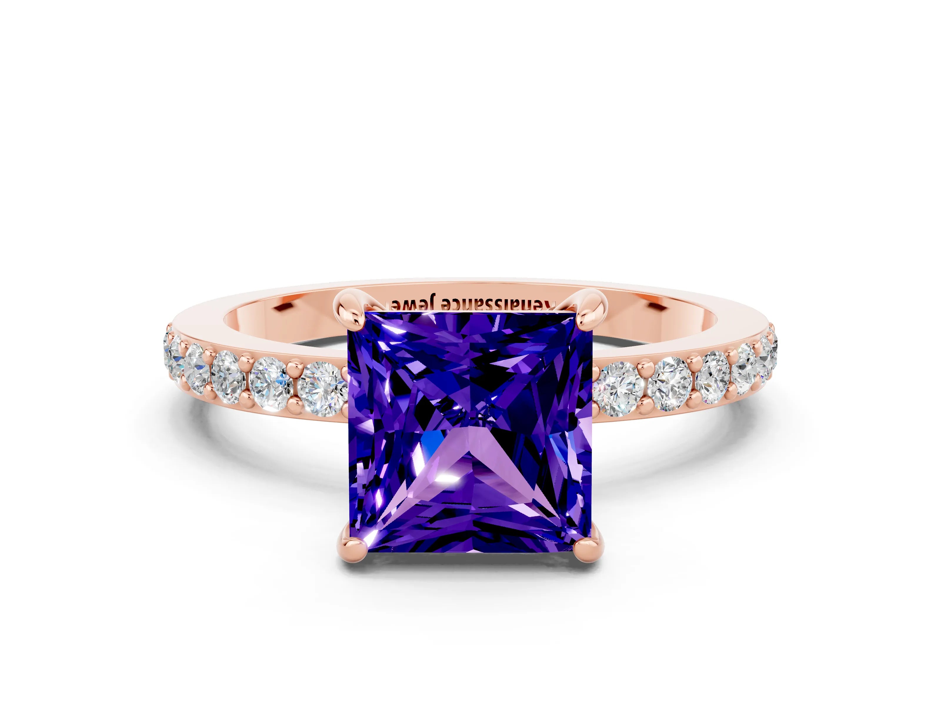 Rose gold Princess Cut Tanzanite Ring with Pavé Band and Four-Prong Setting