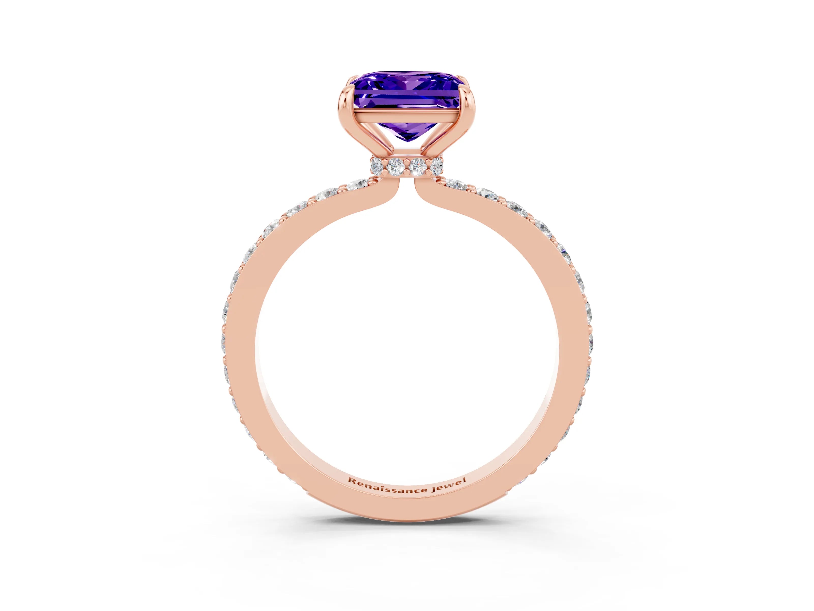 Rose gold Princess Cut Tanzanite Ring with Pavé Band and Four-Prong Setting_3