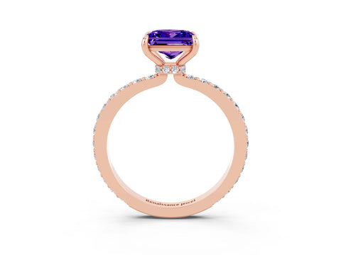 Rose gold Princess Cut Tanzanite Ring with Pavé Band and Four-Prong Setting_3