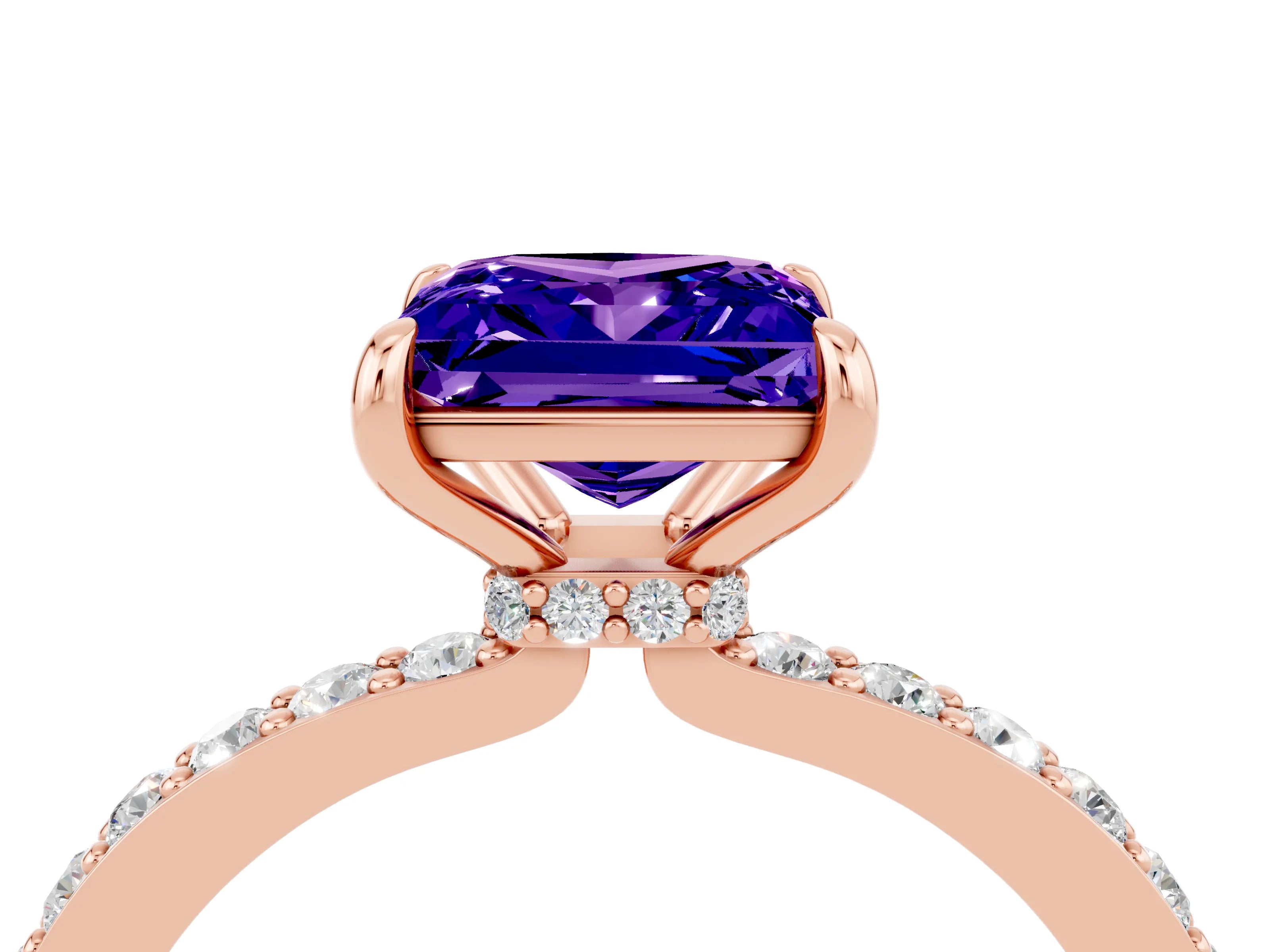 Rose gold Princess Cut Tanzanite Ring with Pavé Band and Four-Prong Setting_4
