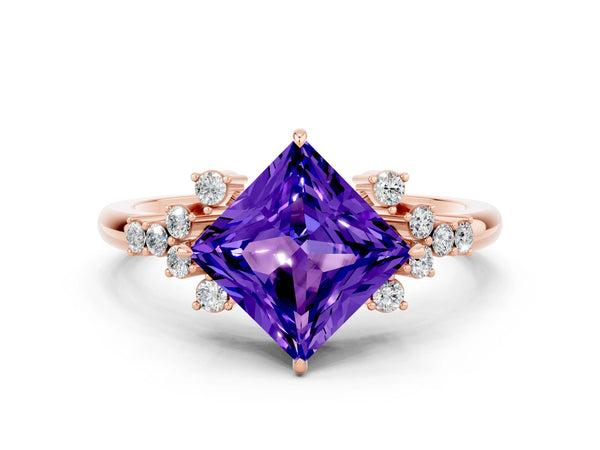 Rose gold Princess Cut Tanzanite Ring with Side Stones and Four-Prong Setting