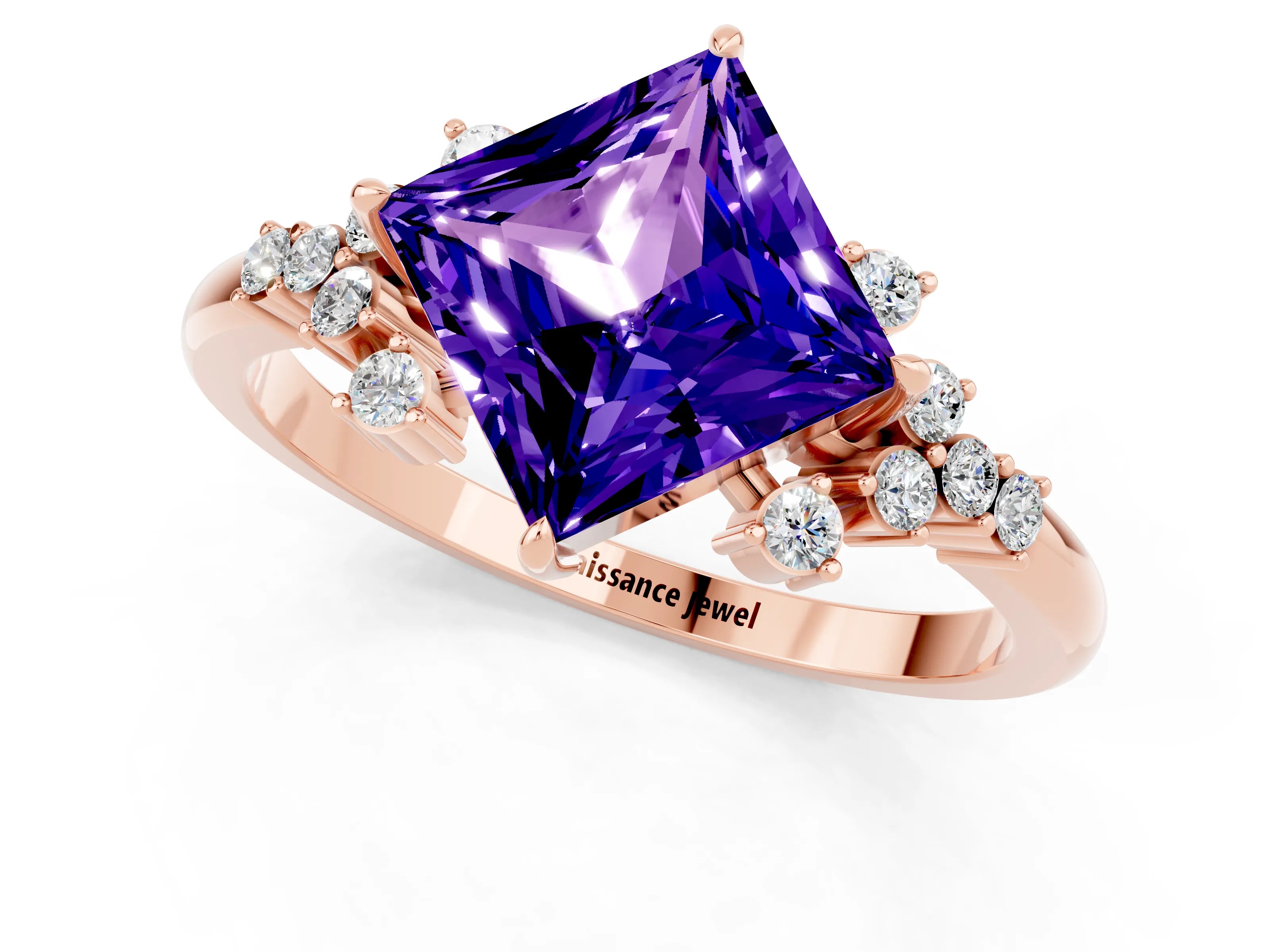 Rose gold Princess Cut Tanzanite Ring with Side Stones and Four-Prong Setting_37