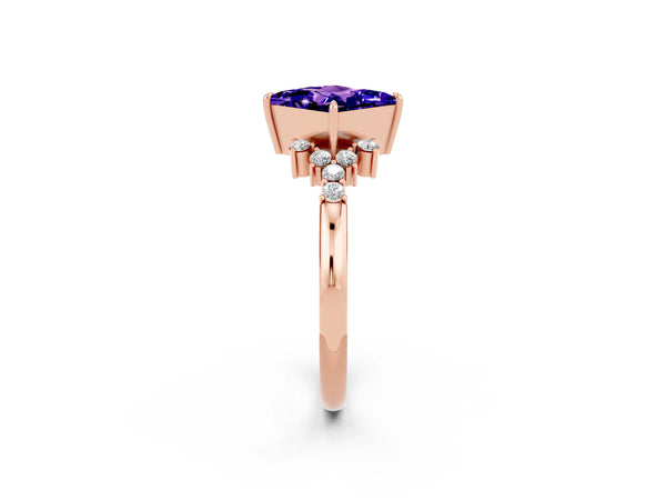Rose gold Princess Cut Tanzanite Ring with Side Stones and Four-Prong Setting