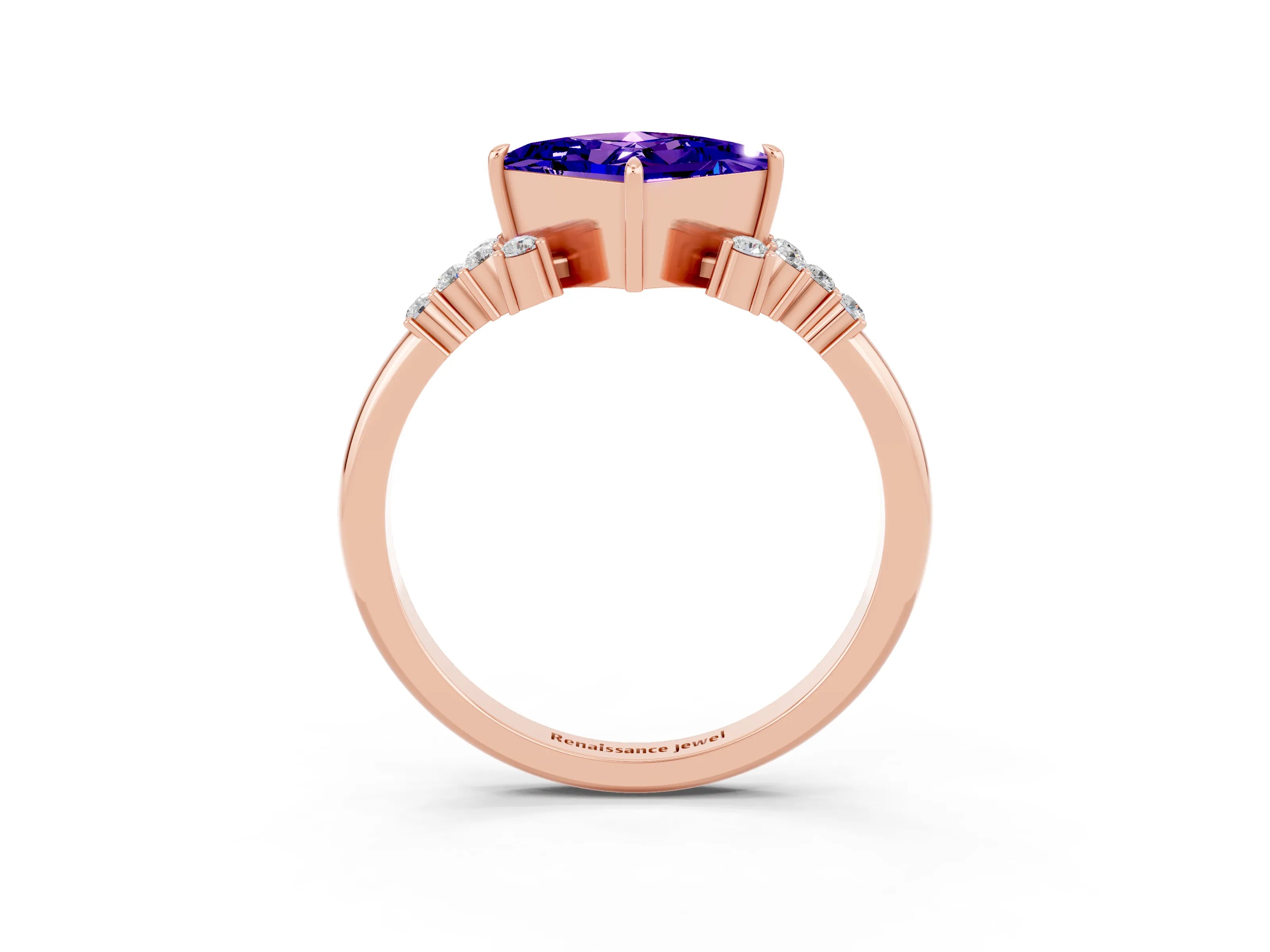 Rose gold Princess Cut Tanzanite Ring with Side Stones and Four-Prong Setting_39