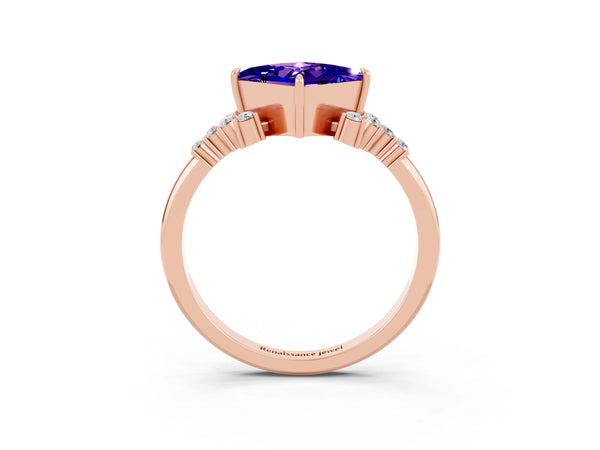 Rose gold Princess Cut Tanzanite Ring with Side Stones and Four-Prong Setting