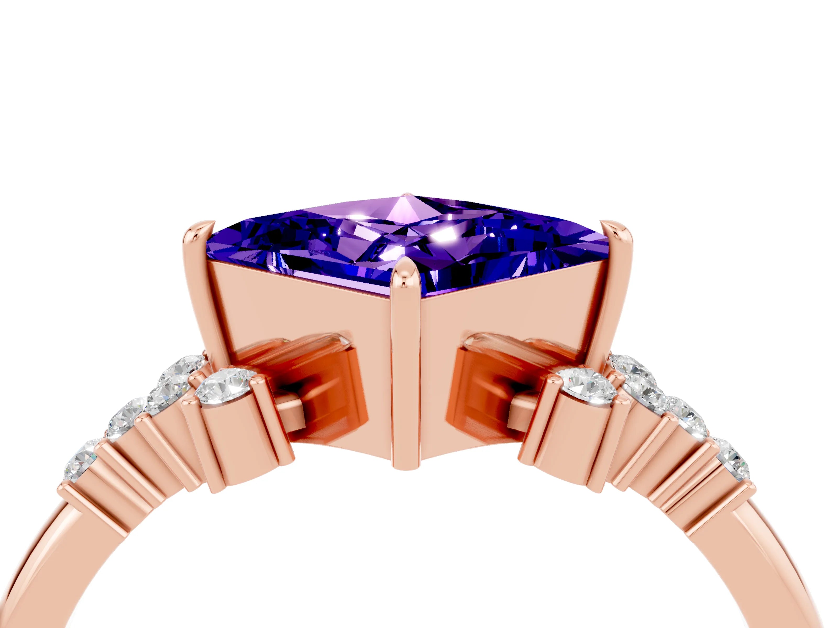 Rose gold Princess Cut Tanzanite Ring with Side Stones and Four-Prong Setting_40