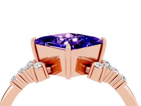 Rose gold Princess Cut Tanzanite Ring with Side Stones and Four-Prong Setting_40