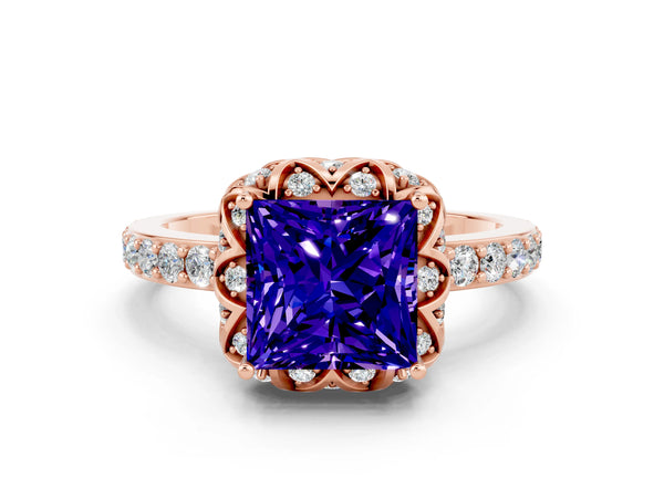 Rose gold Princess Cut Tanzanite Scalloped Halo Engagement Ring with Round Shared Prong Band