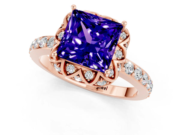 Rose gold Princess Cut Tanzanite Scalloped Halo Engagement Ring with Round Shared Prong Band