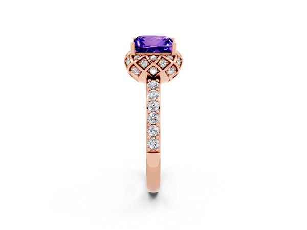 Rose gold Princess Cut Tanzanite Scalloped Halo Engagement Ring with Round Shared Prong Band