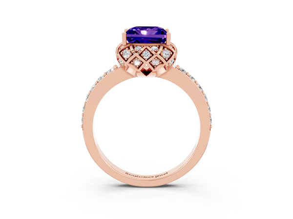 Rose gold Princess Cut Tanzanite Scalloped Halo Engagement Ring with Round Shared Prong Band