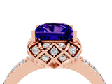 Rose gold Princess Cut Tanzanite Scalloped Halo Engagement Ring with Round Shared Prong Band_16
