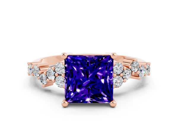 Rose gold Princess Cut Tanzanite Scattered Round Accent Ring with Prong Setting