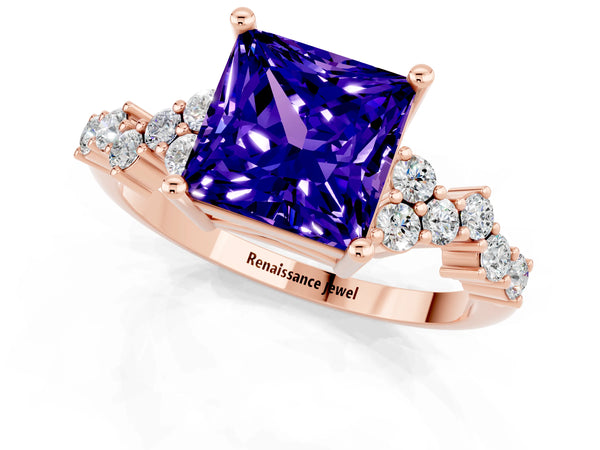 Rose gold Princess Cut Tanzanite Scattered Round Accent Ring with Prong Setting