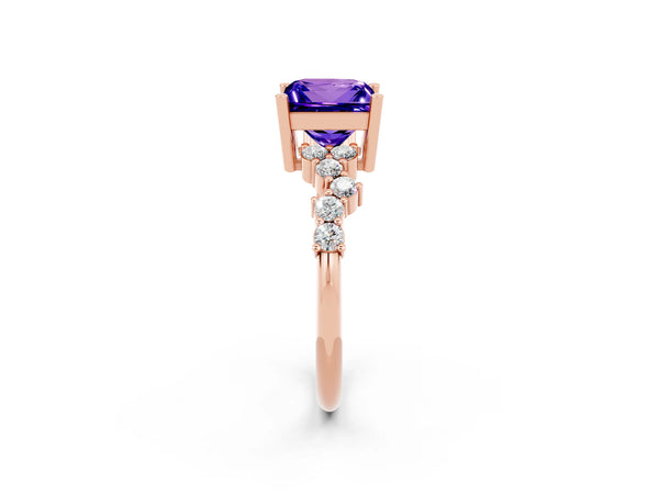 Rose gold Princess Cut Tanzanite Scattered Round Accent Ring with Prong Setting