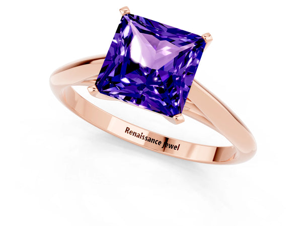 Rose gold Princess Cut Tanzanite Solitaire Engagement Ring with Cathedral Setting and Four-Prong Mount