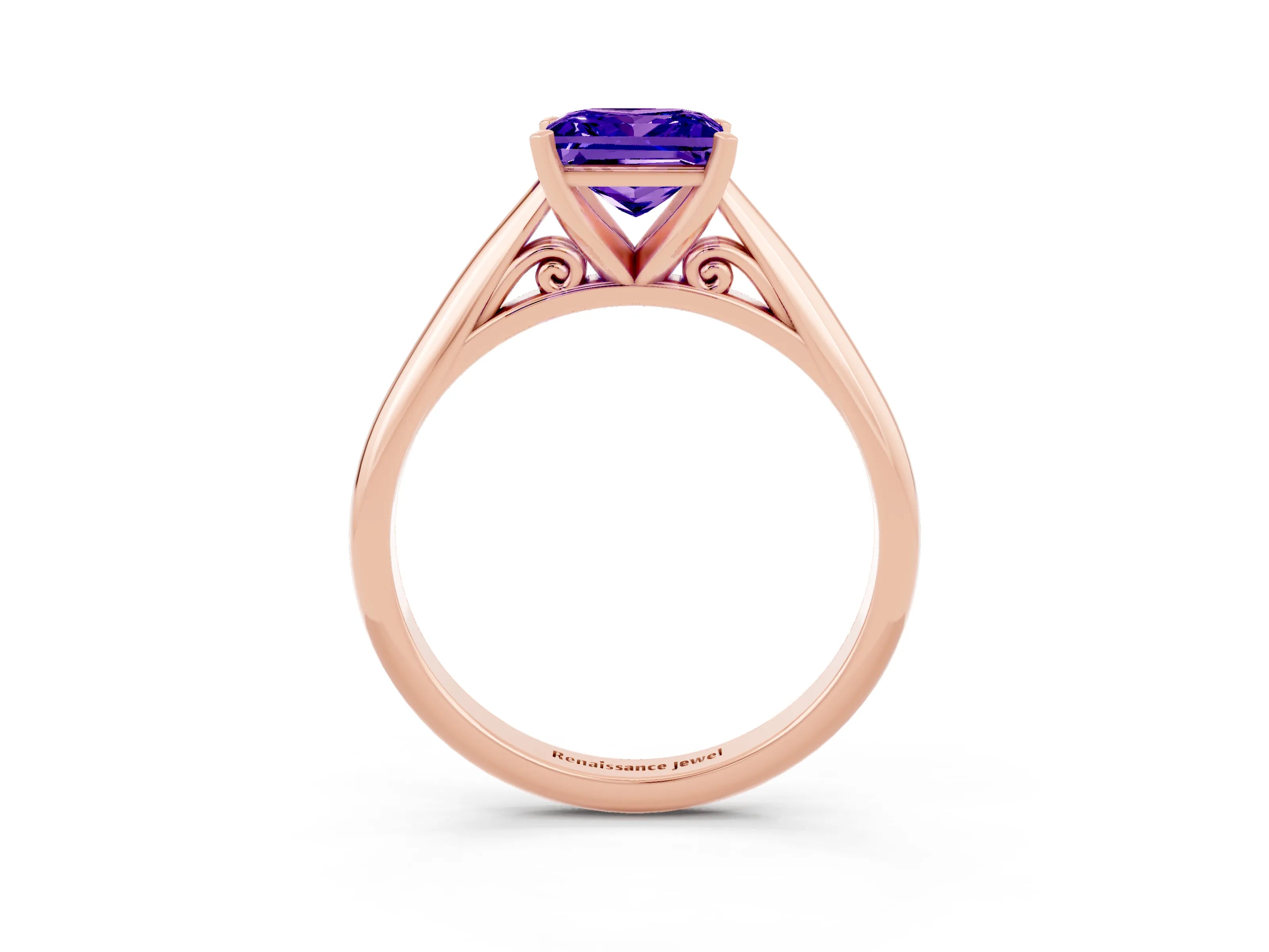 Rose gold Princess Cut Tanzanite Solitaire Engagement Ring with Cathedral Setting and Four-Prong Mount_15