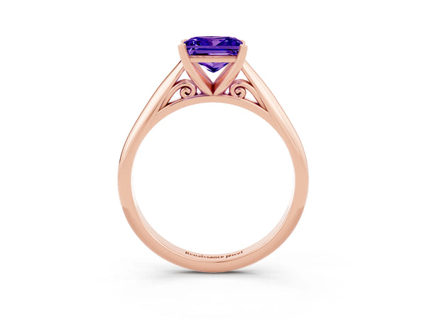 Rose gold Princess Cut Tanzanite Solitaire Engagement Ring with Cathedral Setting and Four-Prong Mount