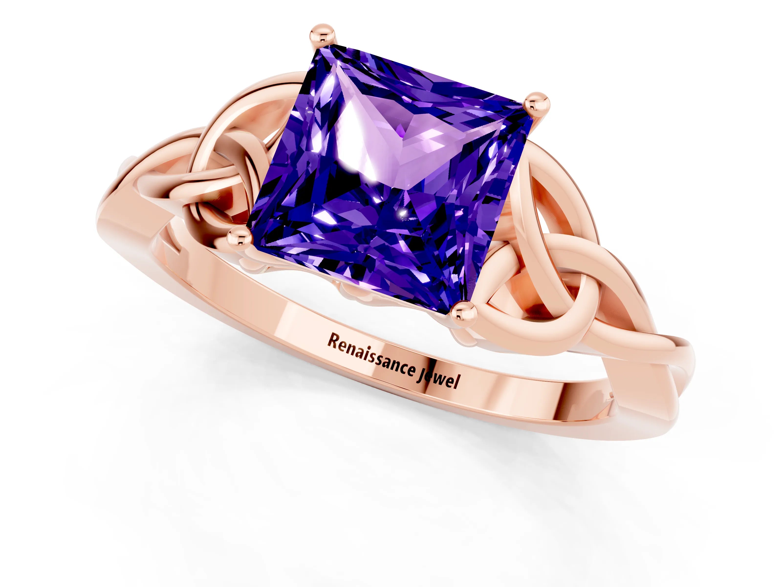 Rose gold Princess Cut Tanzanite Solitaire Engagement Ring with Celtic Knot Band and Four-Prong Setting_1