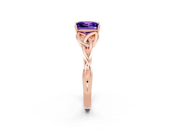 Rose gold Princess Cut Tanzanite Solitaire Engagement Ring with Celtic Knot Band and Four-Prong Setting