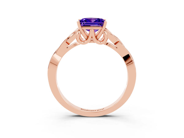 Rose gold Princess Cut Tanzanite Solitaire Engagement Ring with Celtic Knot Band and Four-Prong Setting