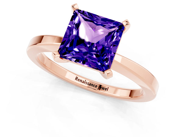 Rose gold Princess Cut Tanzanite Solitaire Engagement Ring with Classic Band and Four-Prong Setting