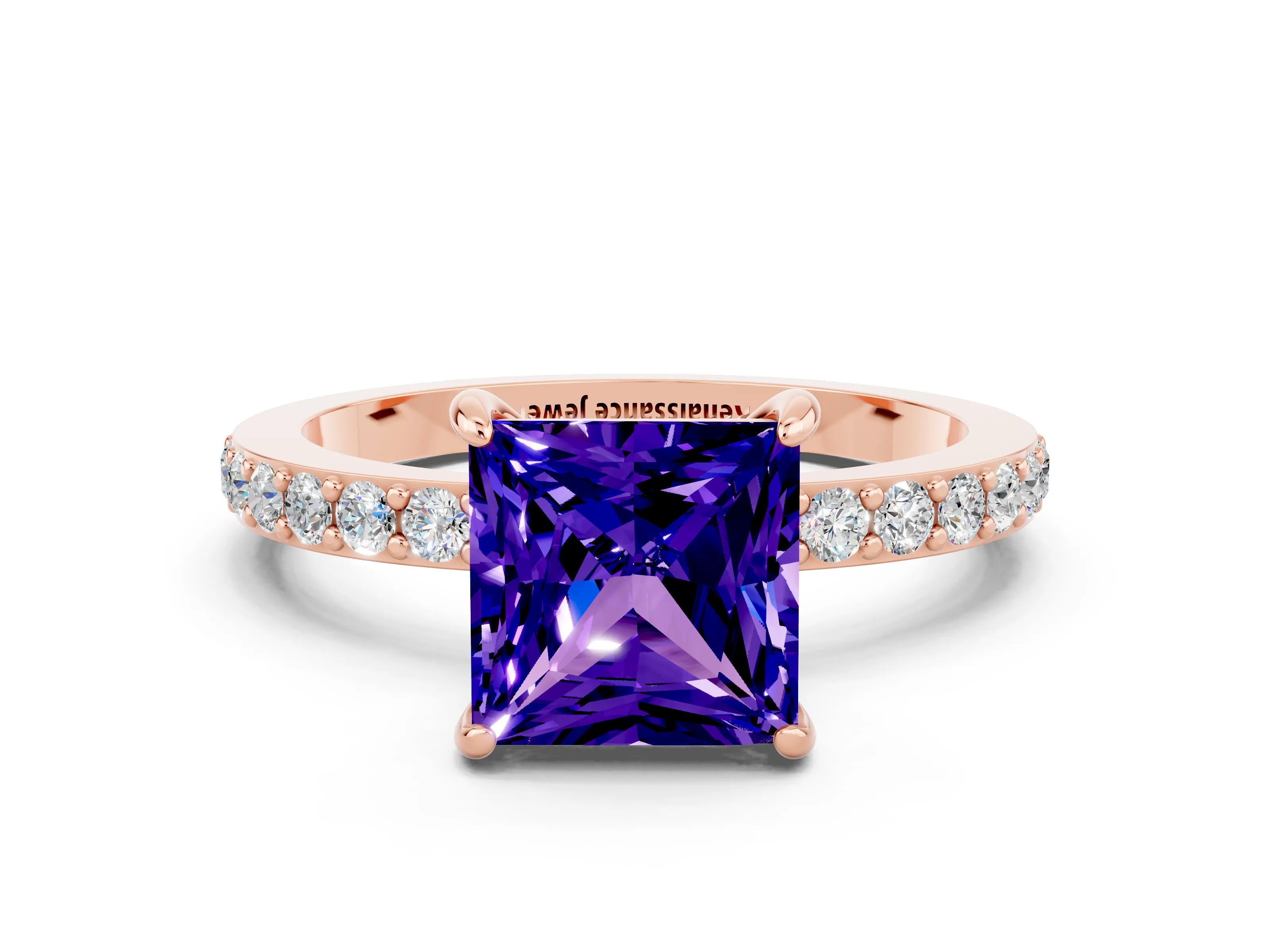 Rose gold Princess Cut Tanzanite Solitaire Engagement Ring with Pavé Band and Four-Prong Setting