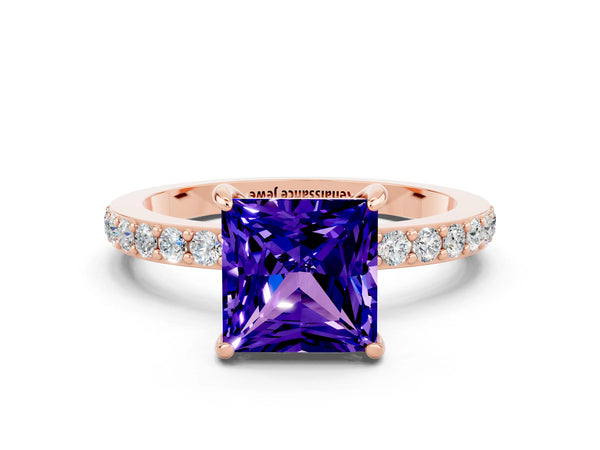 Rose gold Princess Cut Tanzanite Solitaire Engagement Ring with Pavé Band and Four-Prong Setting