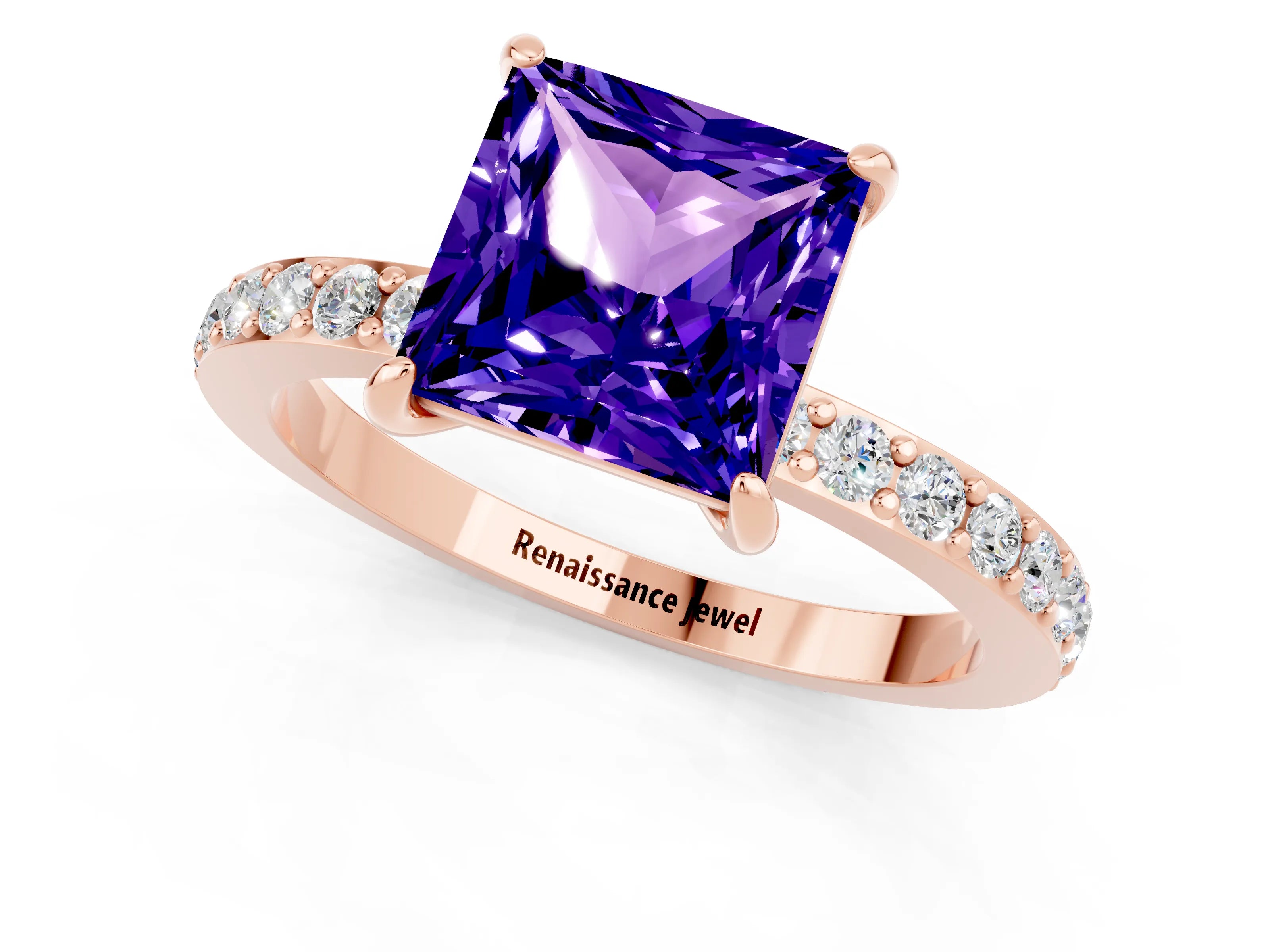 Rose gold Princess Cut Tanzanite Solitaire Engagement Ring with Pavé Band and Four-Prong Setting_1