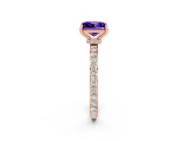 Rose gold Princess Cut Tanzanite Solitaire Engagement Ring with Pavé Band and Four-Prong Setting