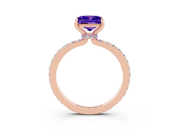 Rose gold Princess Cut Tanzanite Solitaire Engagement Ring with Pavé Band and Four-Prong Setting